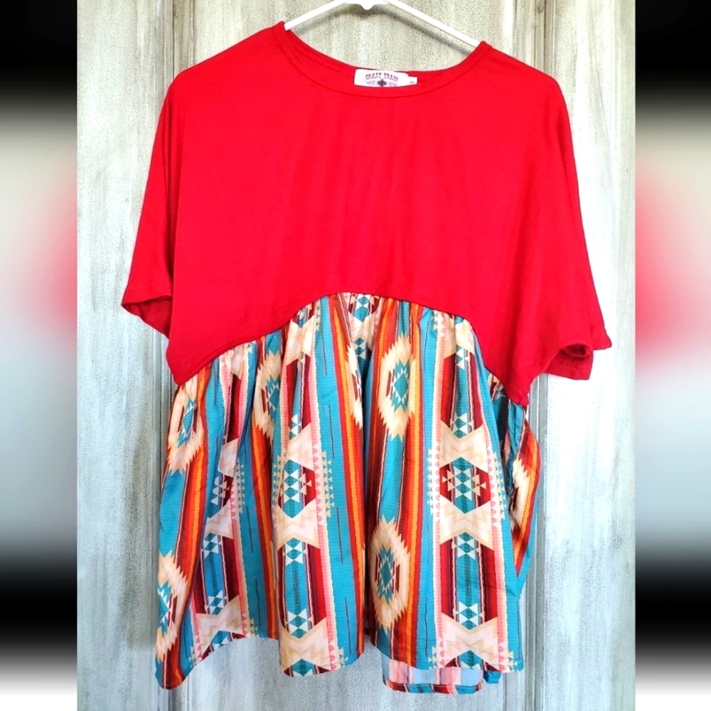 Crazy town small flowy red and aztec western shirt